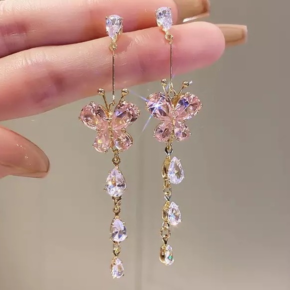 Jewelry - Pink and Clear Zircon Butterfly Zircon Earrings